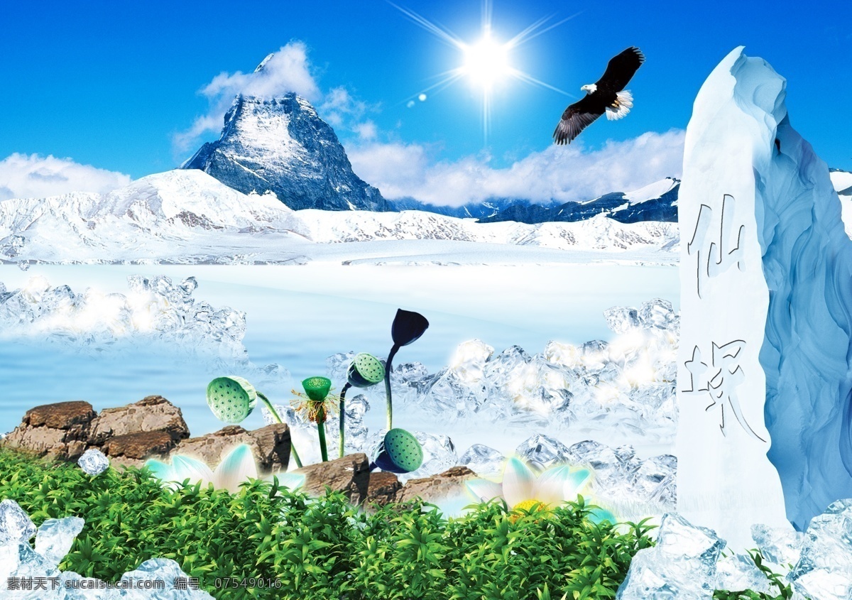 风景 荷花 鹰 蓝色 雪山 冰 psd源文件