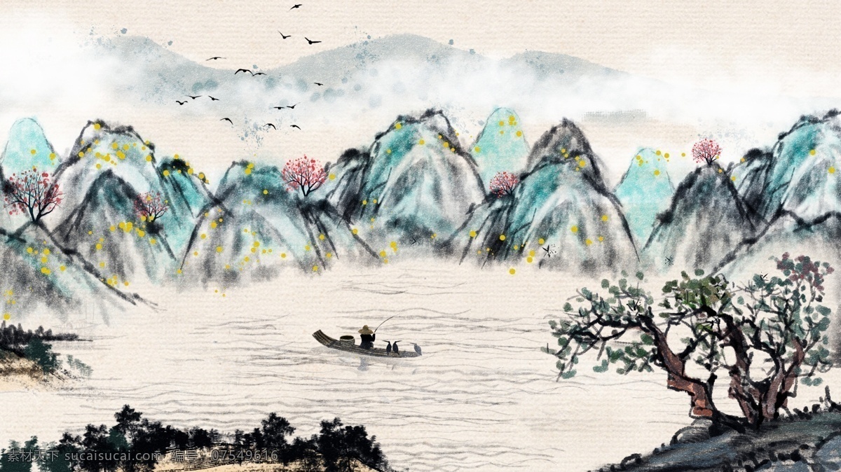 唯美 复古 中国 水墨画 山水画 插画 中国水墨画 壁纸 手机配图