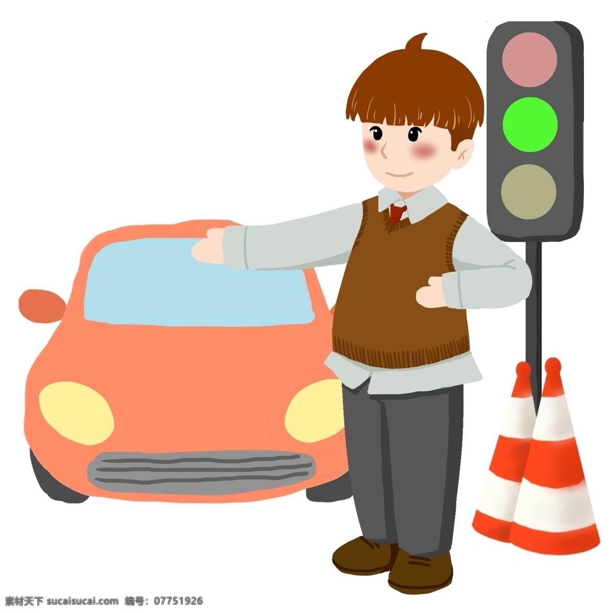 交通安全 指挥 插画 粉色的汽车 马路红绿灯 卡通插画 红色的路障 指挥的孩子 手绘