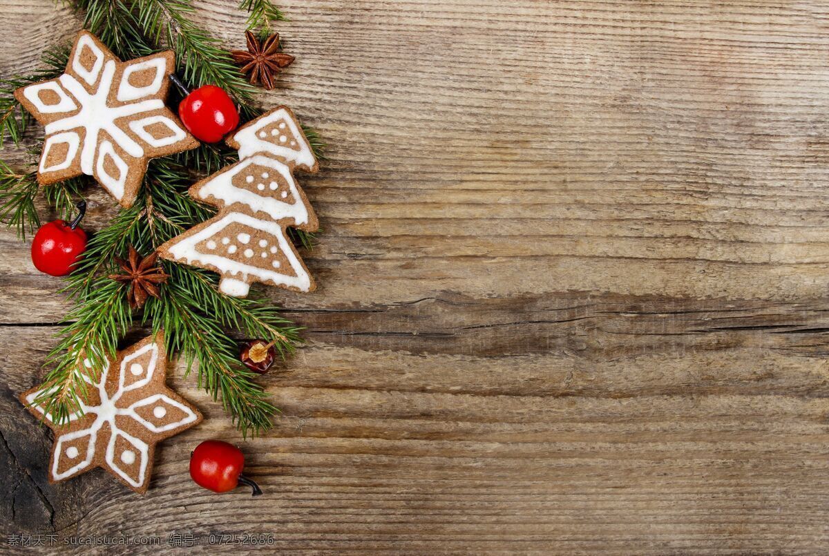 木板背景 木板 上 树枝 饼干 圣诞节 节日 圣诞节食物 姜饼 餐厅美食 美味 节日庆典 生活百科 灰色