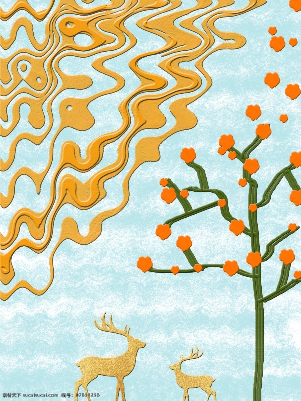 手绘 抽象 果树 母子 鹿 装饰画 母子鹿 客厅装饰画 一联画