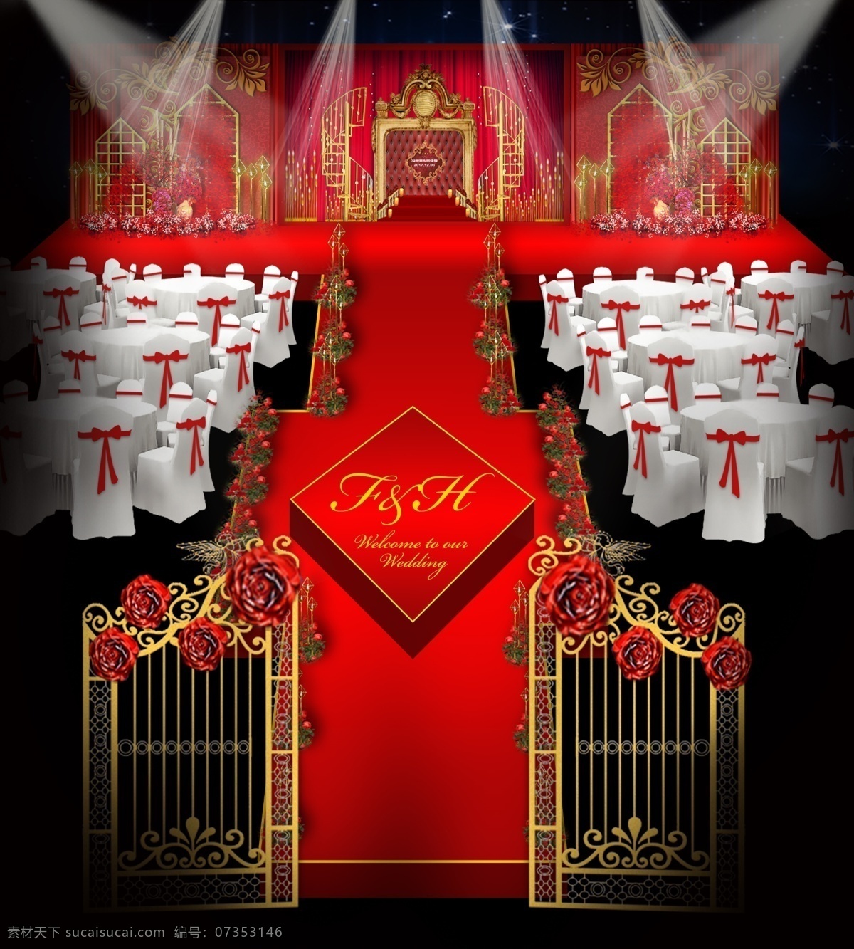 红 金 婚礼 新 中式 红色 欧式 红金婚礼 铁艺 门 仪式 区 新中式婚礼 舞台 效果图