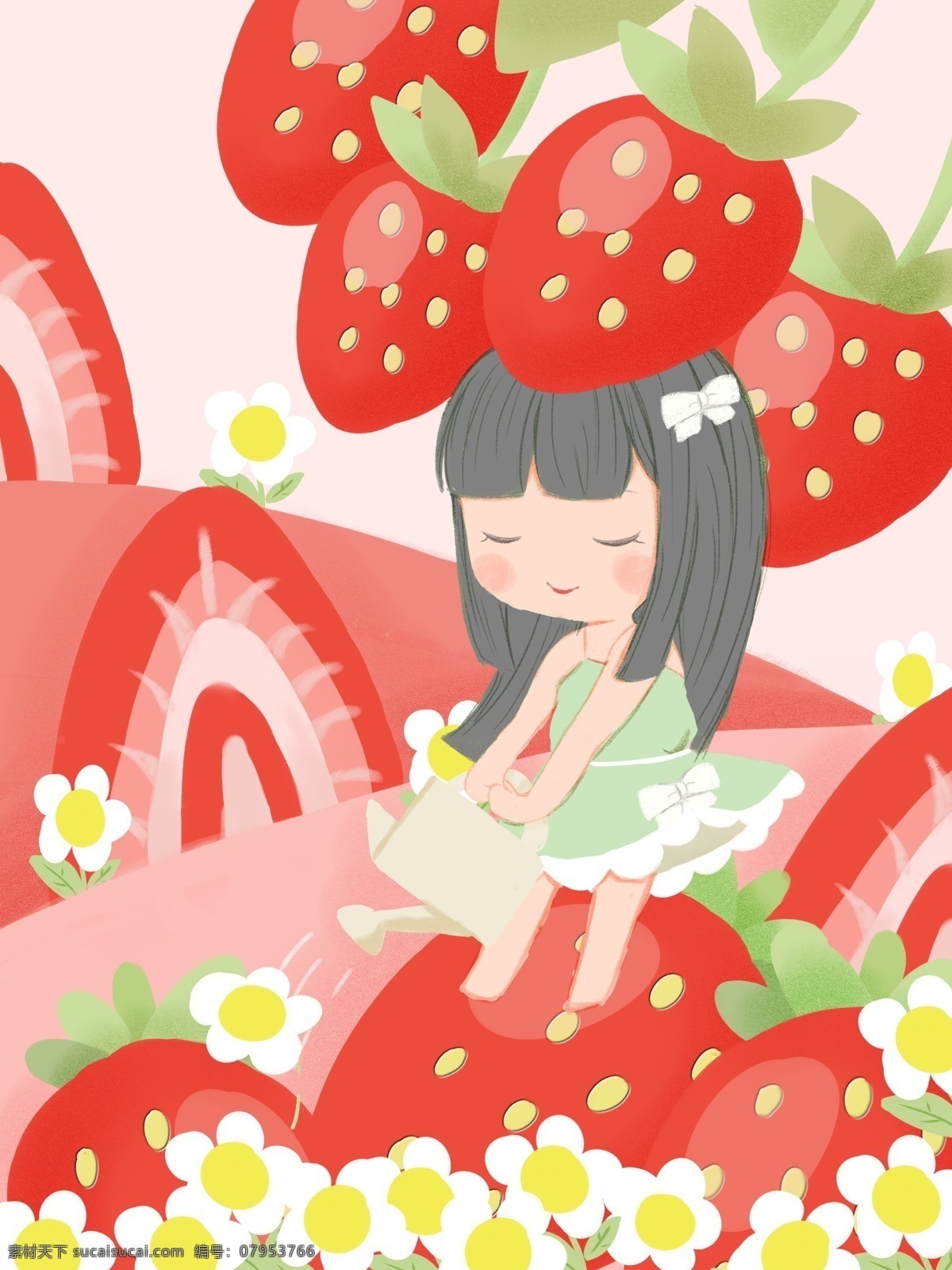 原创 少女 心 插画 草莓 田里 浇水 女孩 红色 创意 水果 水壶 花 少女心