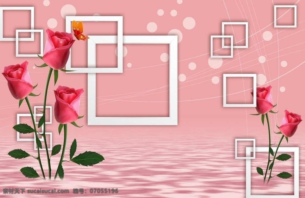3d水中玫瑰 背景墙 方块 立体 玫瑰 花朵 倒影 水 3d设计