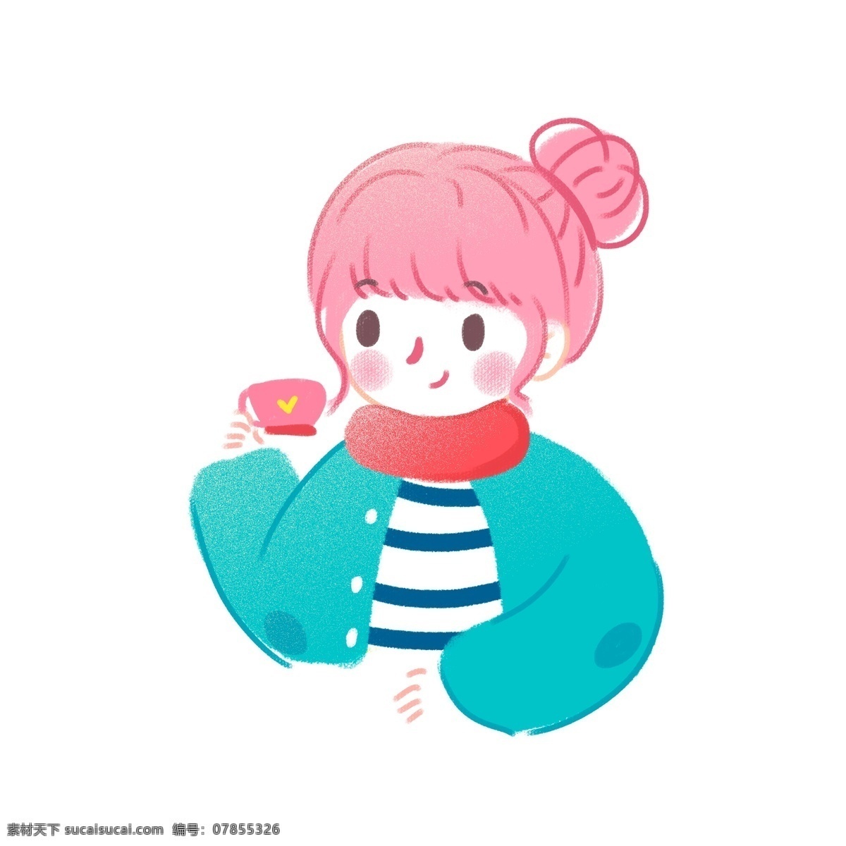 韩国 卡通 可爱 喝 咖啡 小女孩 商用 元素 女孩 插画 喝咖啡 丸子头 小女生 少女 人物设计