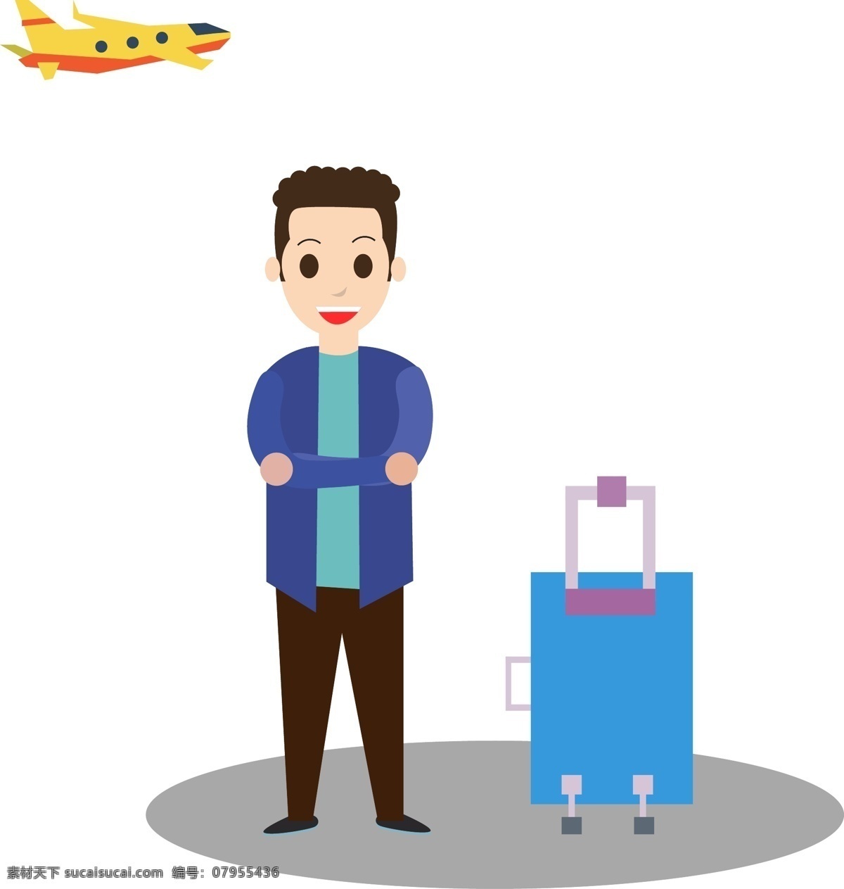 外出 行李箱 矢量 卡通的 手绘的 飞机 男人 报手 阴影 旅行 外出游玩 衬衣 蓝色 紫色