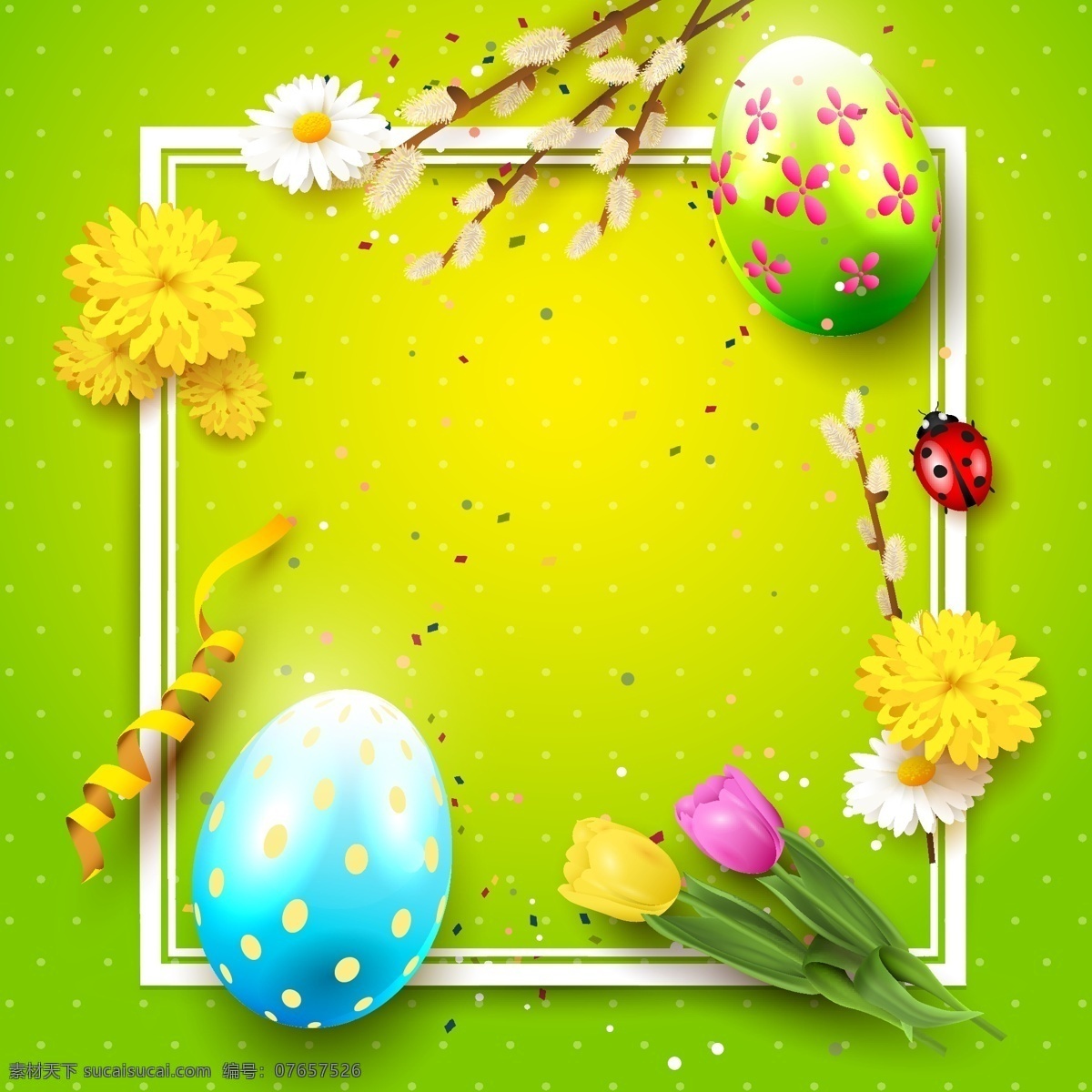 彩蛋 花卉 告示 板 矢量 设计素材 绿色 背景 菊花 纸张 复古 俯拍 复活节 卡通 矢量素材 鸡蛋 插画