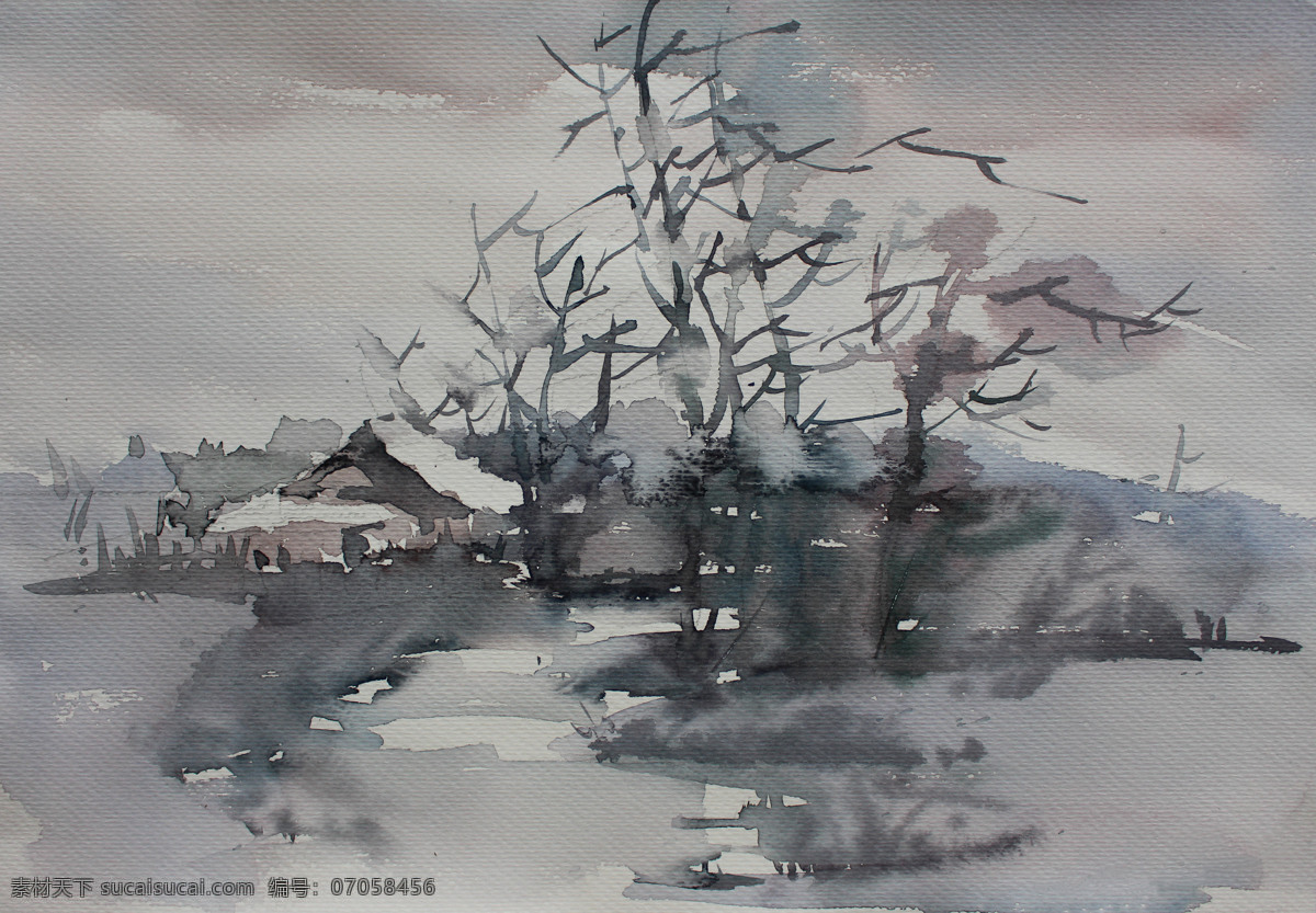 冬雪 美术 水彩画 风景 冬天 雪地 房屋 树木 文化艺术 绘画书法 灰色