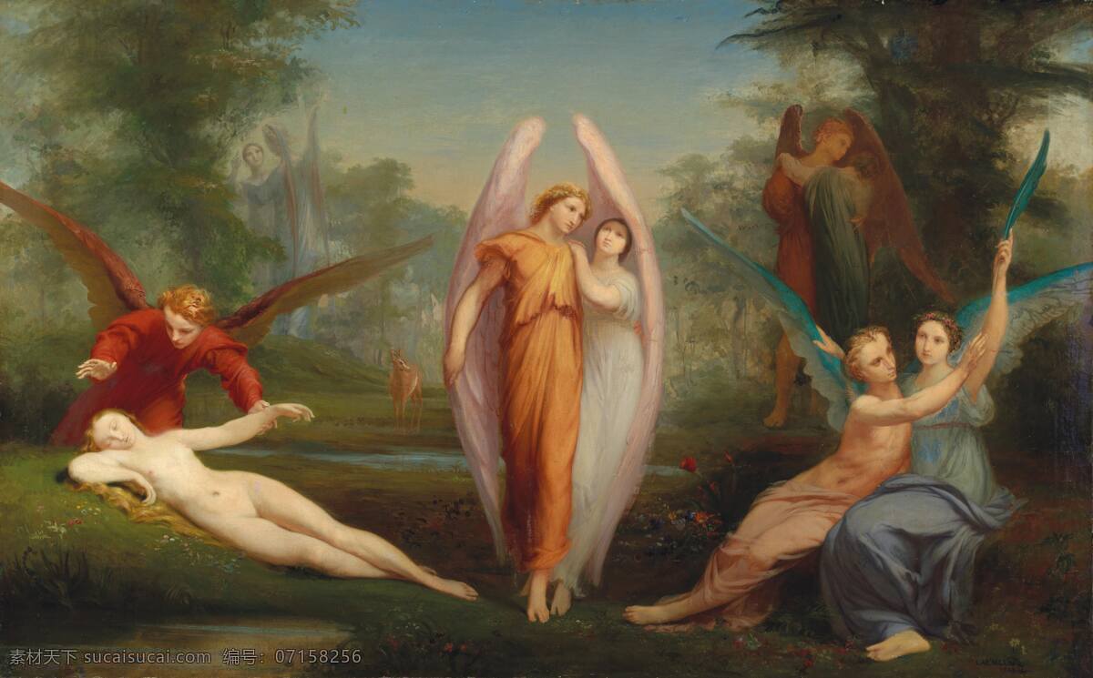 天使 圣经故事 保护人类 引导 树林 宗教油画 19世纪油画 油画 文化艺术 绘画书法