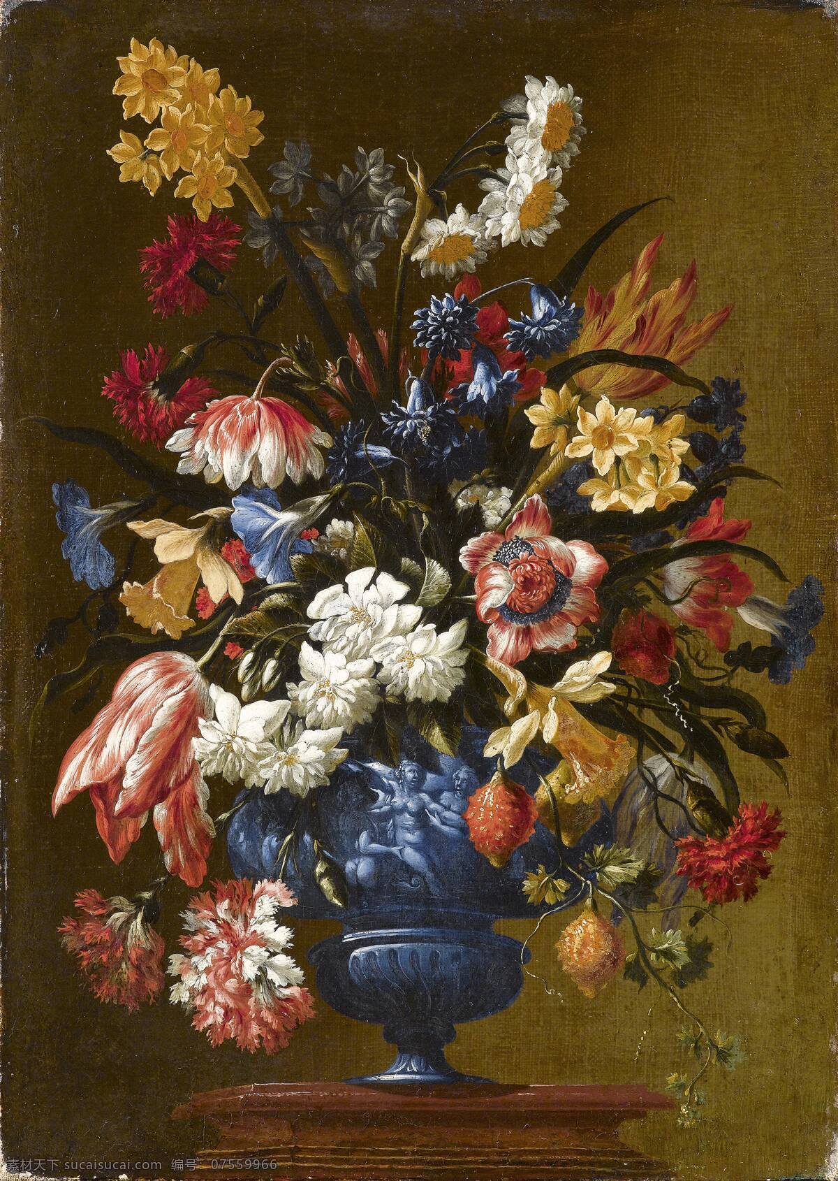 静物 古典油画 绘画书法 文化艺术 油画 混搭鲜花 永恒之美 蓝色花瓶 静物鲜花 装饰素材