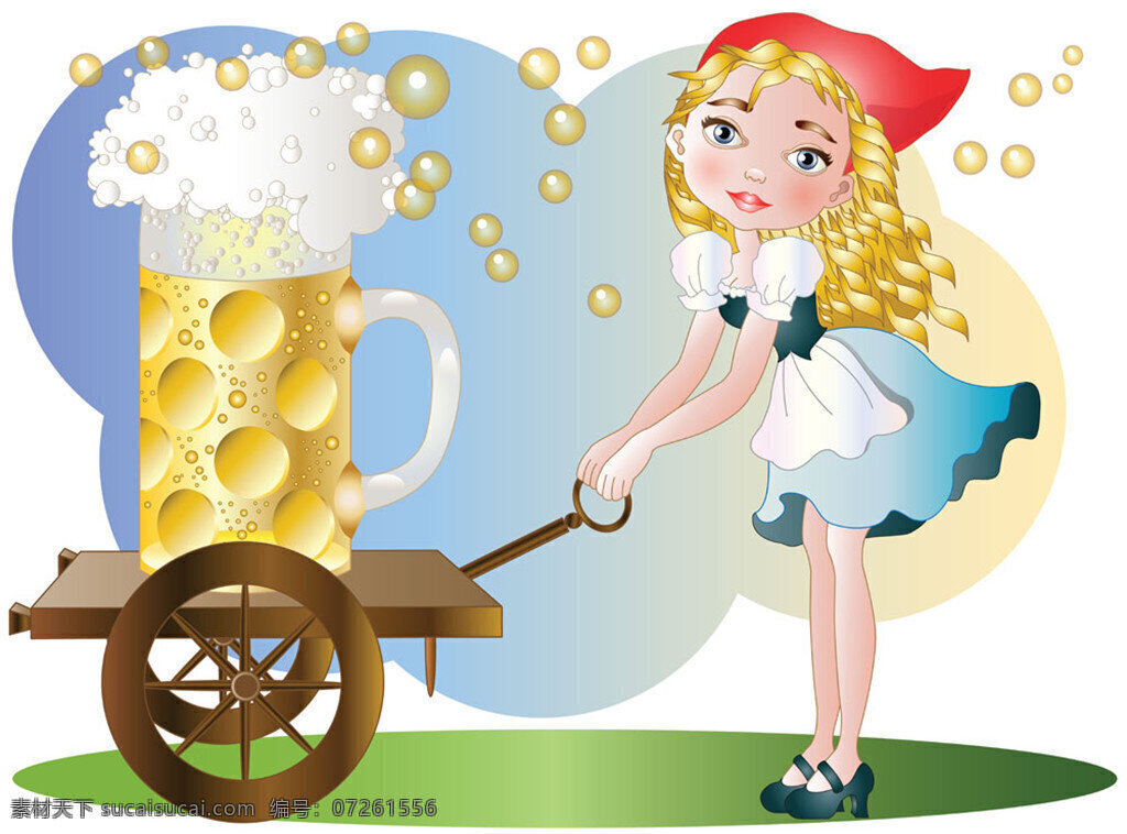 卡通背景设计 卡通 背景图 美女 公主 卡通人物 泡泡 啤酒 板车 手推车