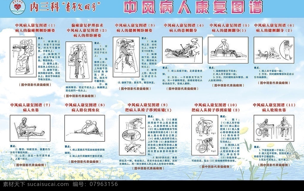 中风 病人 康复 图谱 宣传栏 浅蓝色调 标志 漫画图片 文字 cdr9 展板模板 矢量图库