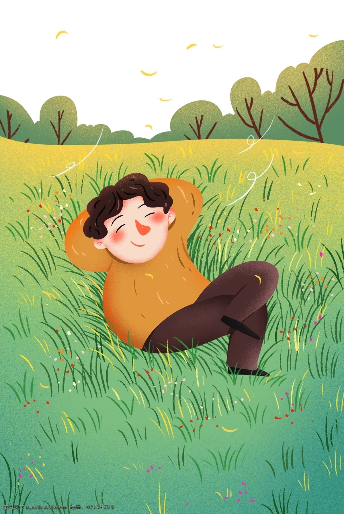 春天 躺 草地 小 男孩 背景 植物 小青草 绿叶 春季 手绘 小男孩 开心的男孩