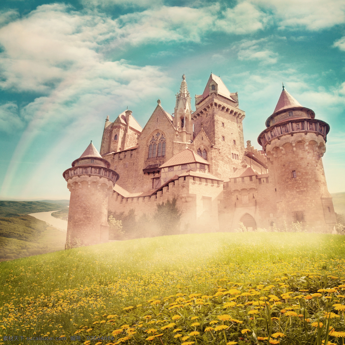 草地 上 城堡 蓝天白云 彩虹 建筑 城堡图片 风景图片
