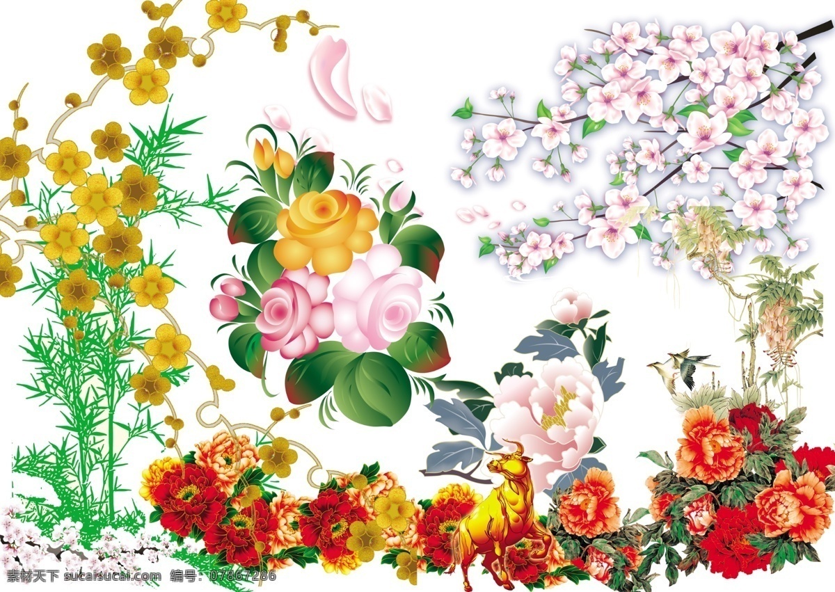 分层 花 吉祥 节日 玫瑰 梅花 牡丹 模板下载 吉祥花 如意 桃花 竹 源文件库 psd源文件