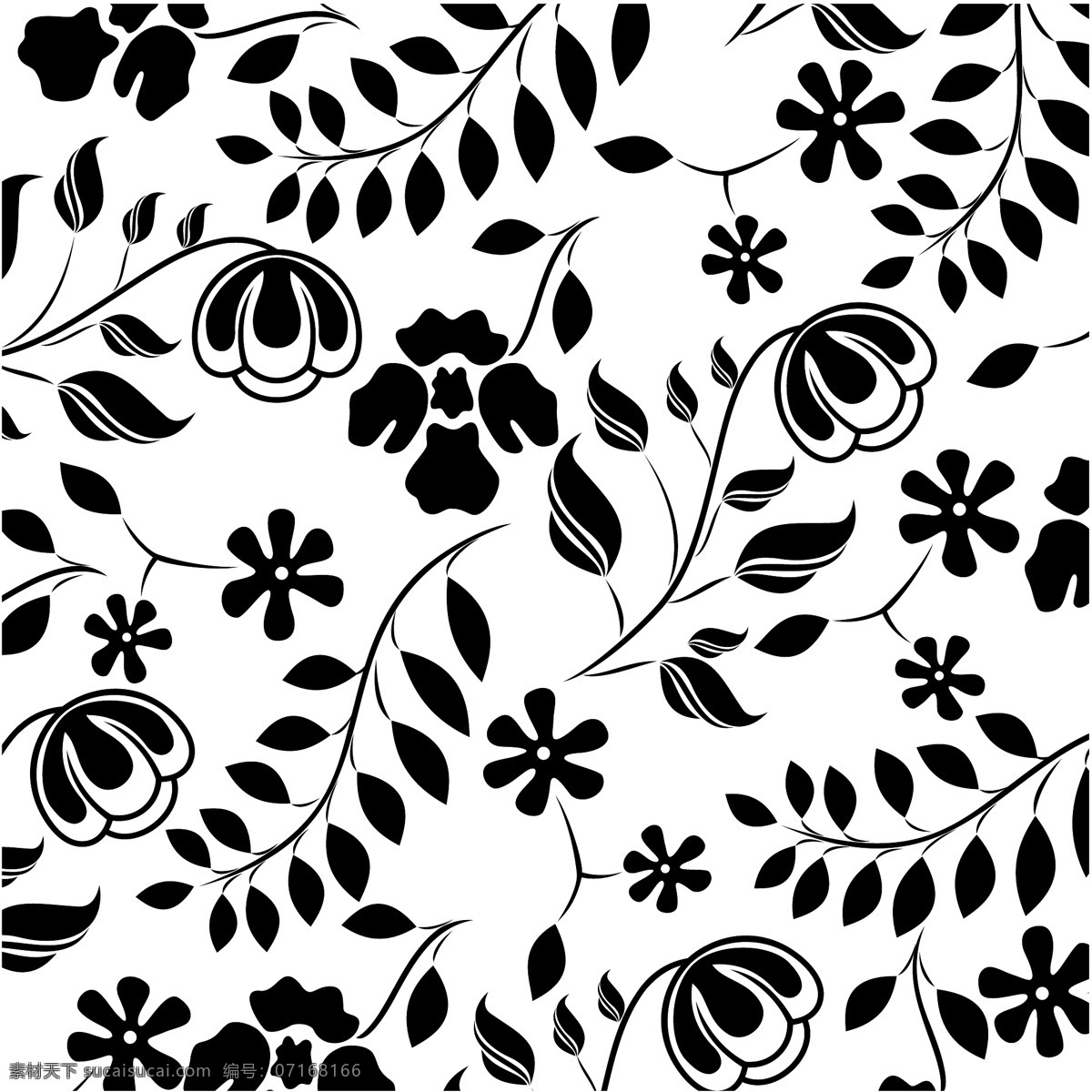 黑白 植物 四方 连续 四方连续 花朵 叶子 藤蔓 底纹 花纹花边 底纹边框 矢量
