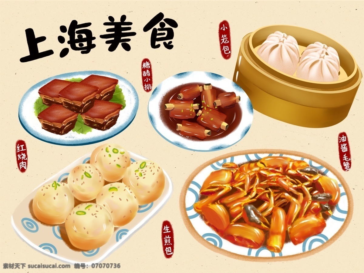 上海 美食 手绘 海报 上海美食 生煎 排骨 汤包 红烧排骨 分层