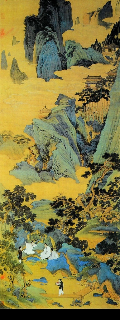桃园仙境图 中国工笔画 背景 书法 印章 仇英 人物 肖像 古代美女 山水画 风景 松树 喝酒图 楼阁 古建筑 文化艺术 绘画书法 设计图库
