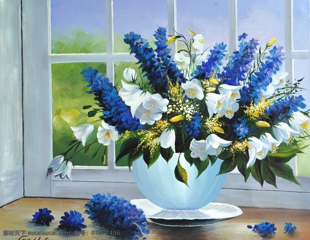 花卉装饰画 装饰画 纯手绘油画 无框画 花卉 欧美风格 窗户 花瓶 花盆 白色花朵 蓝色花朵 鲜花 绘画书法 文化艺术