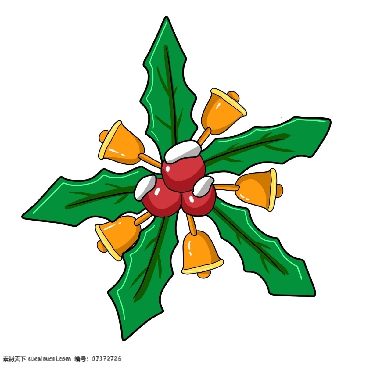 手绘 圣诞节 装饰 铜 铃铛 绿 草 铜铃铛绿草 西方节日 宗教节日 圣诞 红果绿叶 卡通铃铛插画