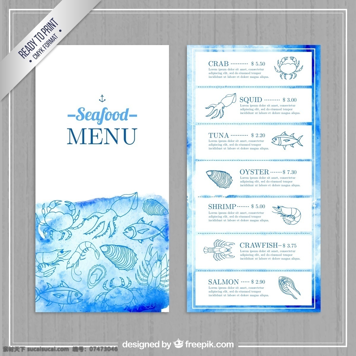 彩绘 蓝色 海鲜 店 菜单 矢量 鱿鱼 螃蟹 海螺 扇贝 鱼 龙虾 餐饮 虾 餐厅 海鲜店 木纹 矢量图