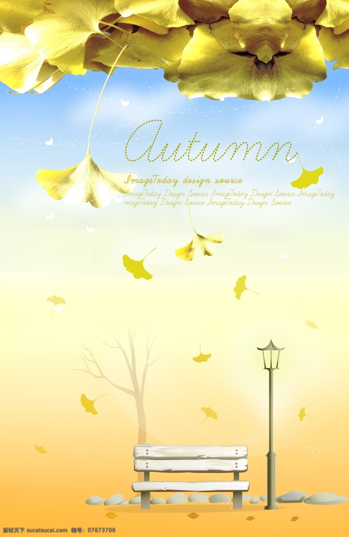 秋天 色彩 黄色 蓝色 英文 叶子 落叶 秋天色彩 花朵 花 树叶 花瓣 秋 中秋 节日 中秋节 木头 木板凳 石头 路灯 树干 路 白色