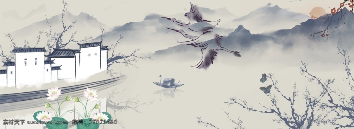 中国 风 荷花 banner 背景 图 中国风 背景图 水墨 大雁 植物 灰色