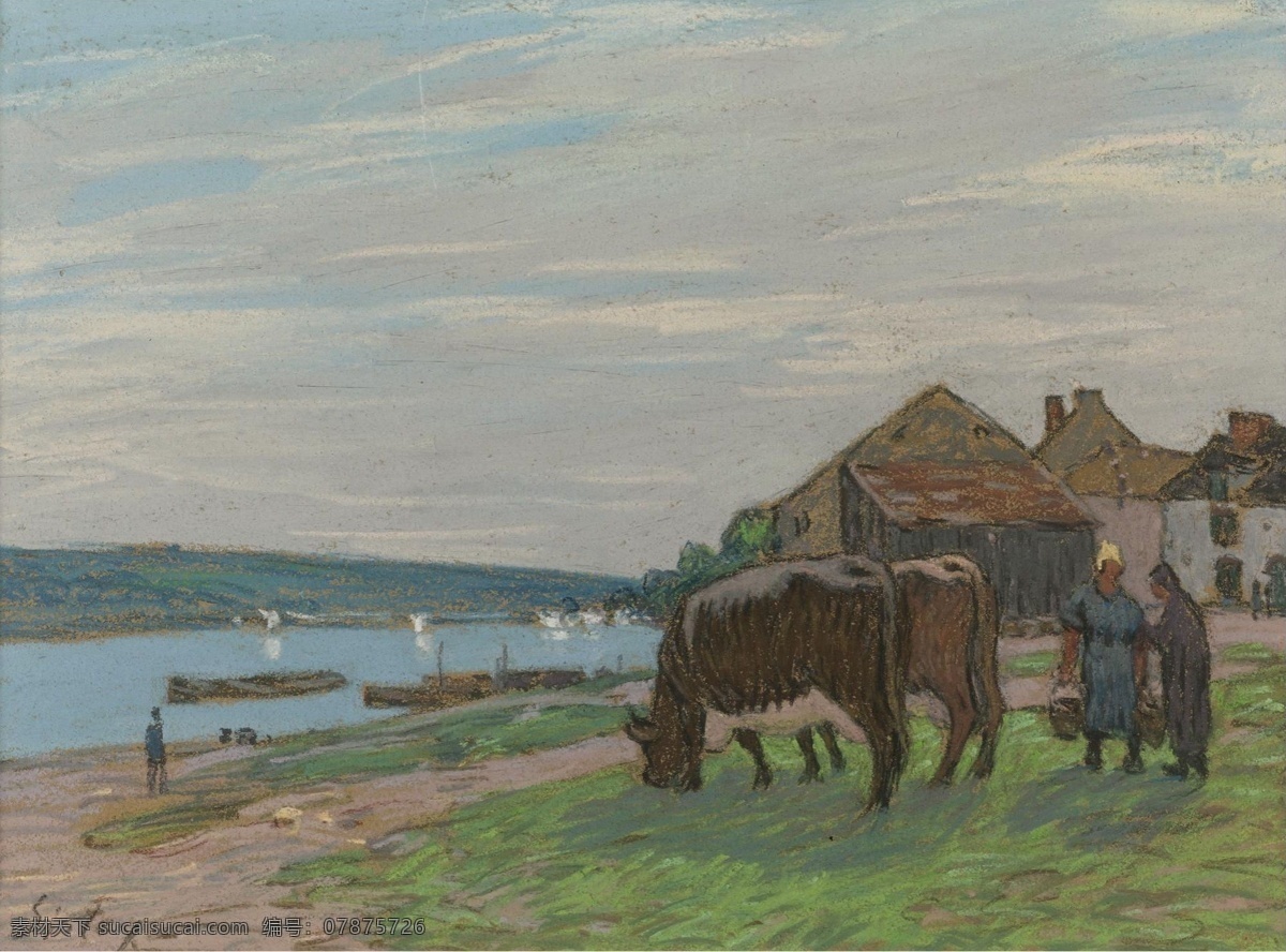 大师 画家 风景画 静物 油画 建筑 装饰画 pasture at cows the sisley alfred 人物 高清 西方 国外 现代 家居装饰素材