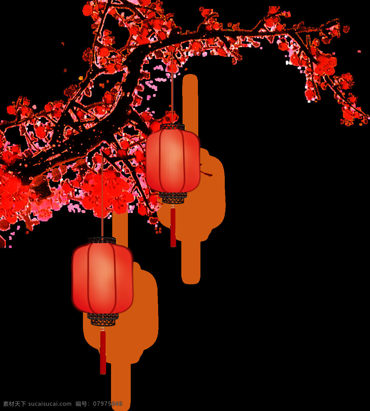 秀气 喜庆 橙红色 梅花 灯笼 节日 元素 节日元素 深色树枝
