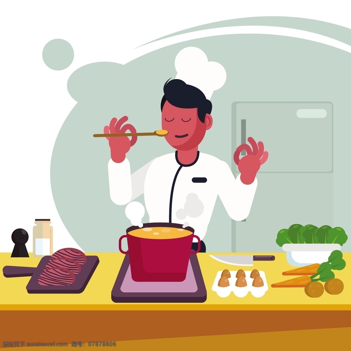 餐饮 烹饪 主题 卡通 插画 扁平化 矢量插画 创意装饰 图案设计 美食 食物 厨房主题 烹饪插画 料理插画 餐饮插画 肉类 蔬菜 厨师插画 调料 厨具 动漫动画