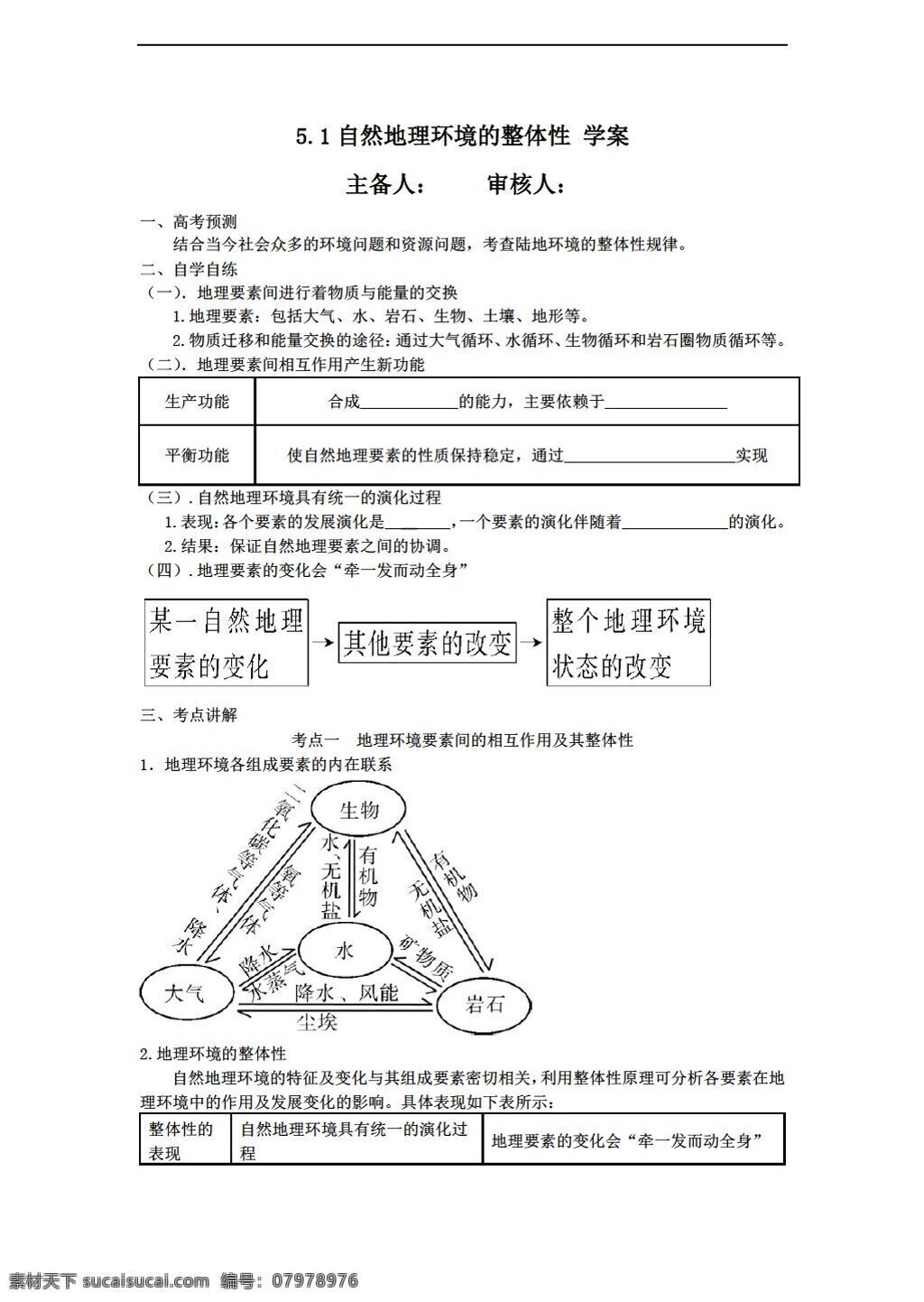 地理 人教 版 5.1 自然环境 整体性 学案 人教版 必修1