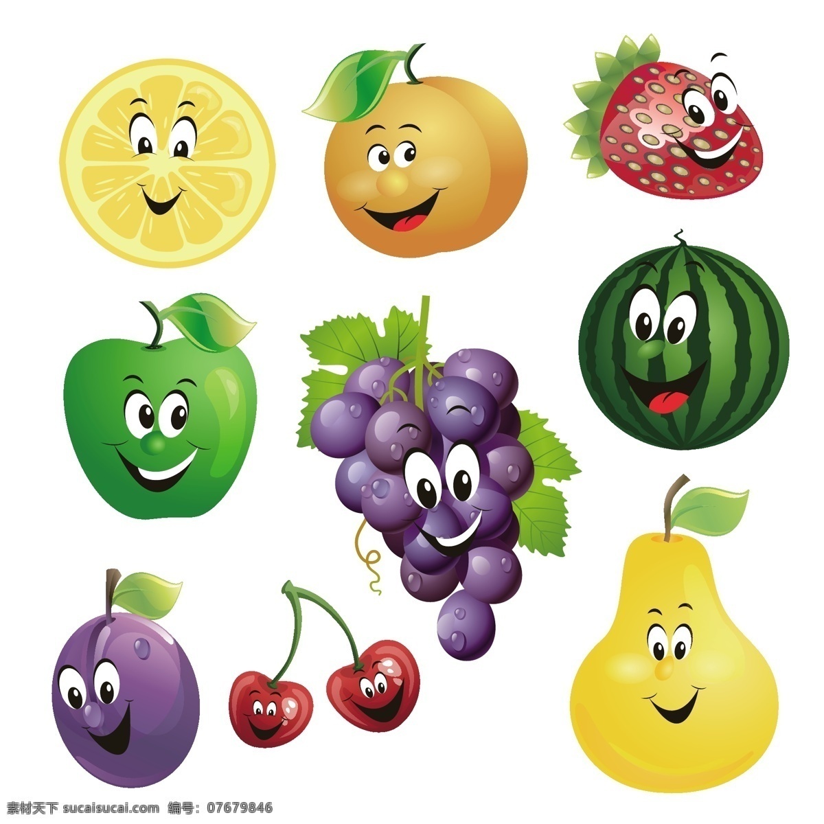 卡通 水果 笑脸 矢量 卡通水果 草莓 苹果 西瓜 香蕉 菠萝 葡萄 樱桃 红色