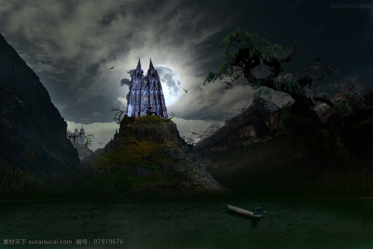 神秘海上古堡 魔法 城堡 蝙蝠 古堡 老树 乌云 新月 恐怖气氛 船探险 原创设计 其他原创设计