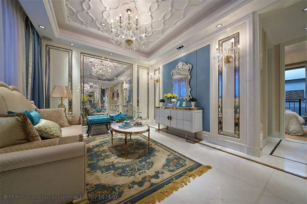 欧式 客厅 水晶灯 装修 效果图 白色灯光 方形吊顶 地毯 蓝色 电视 背景 墙 入户门