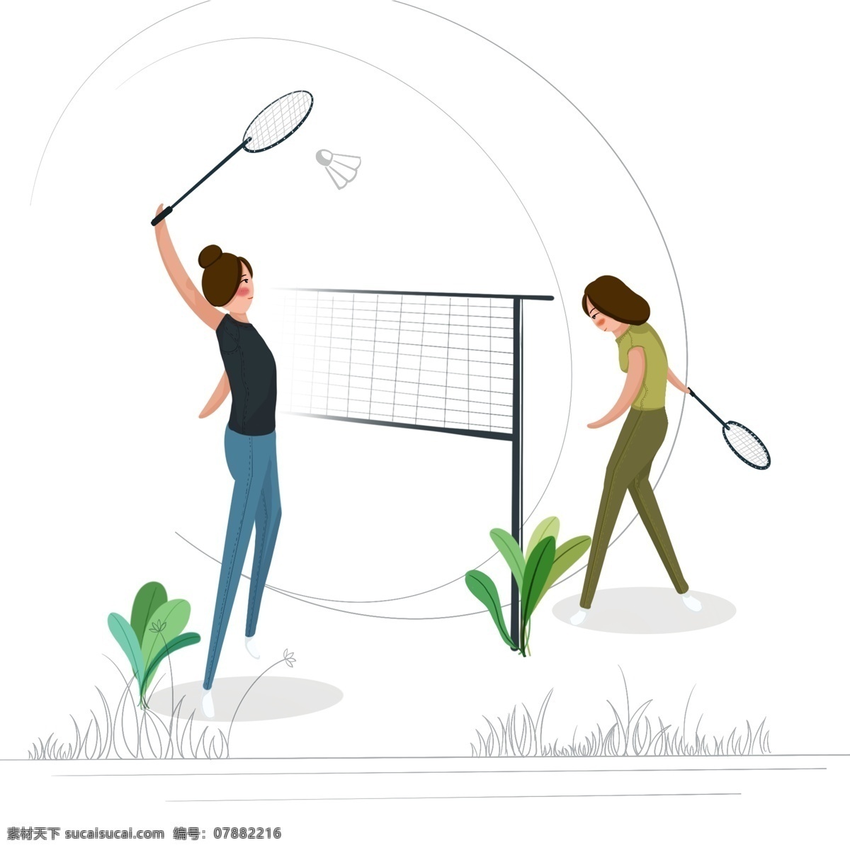 青年节 两 女子 一起 运动 羽毛球 健身 元素 两人 打球 女孩 简约 虚实象生
