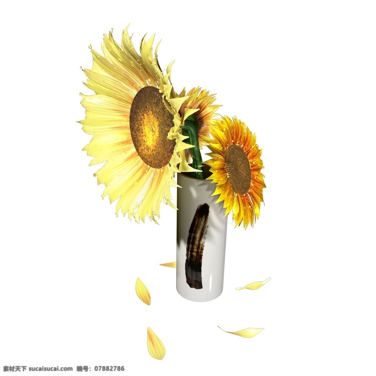 植物类 通用 元素 花瓶 插花 向日葵 立体 写实 简约 中国风 毛笔 白色 黄色 植物 装饰