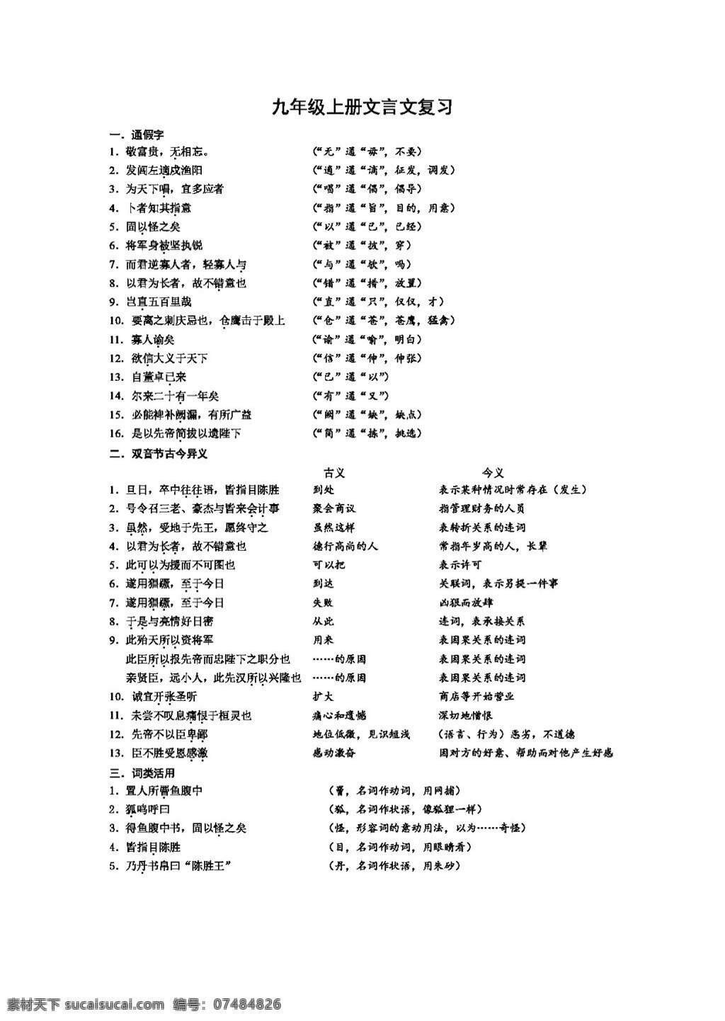 语文 人教 版 九 年级 上册 文言文 复习 人教版 试题试卷