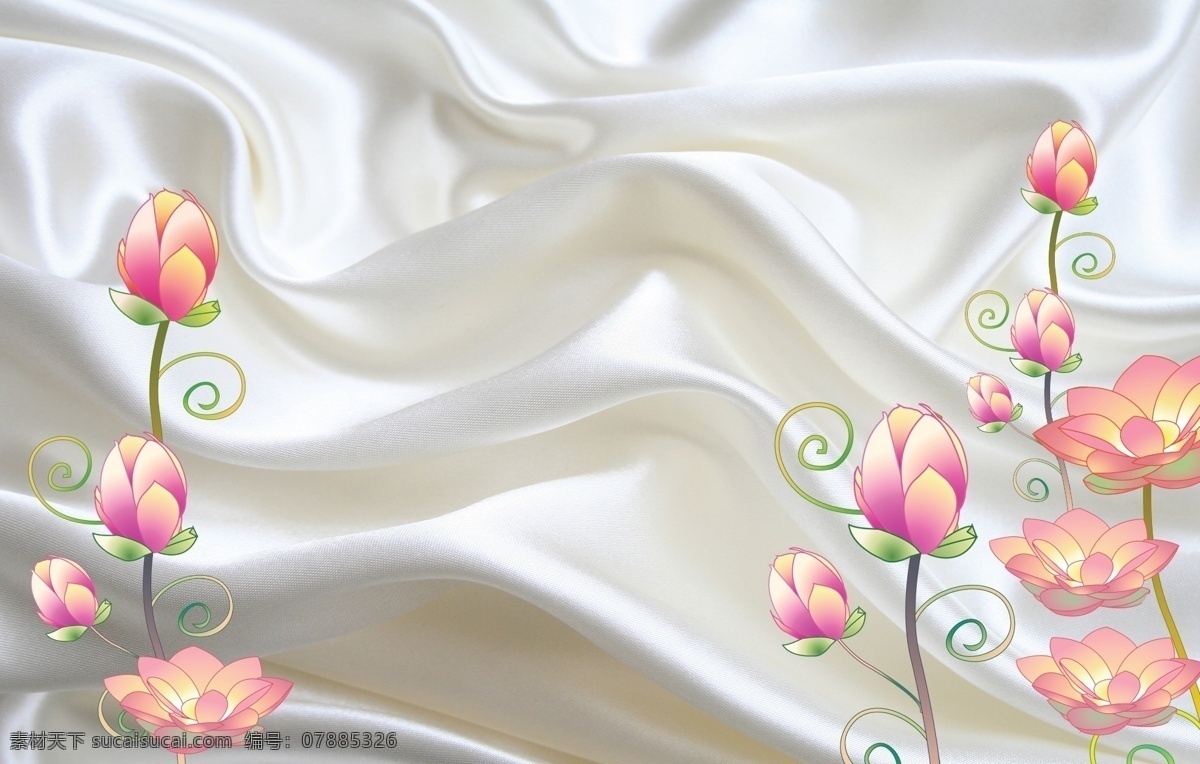 白色 真丝 梦幻 花 荷花 手绘 丝绸 立体 时尚 背景 psd分层 现代 分层