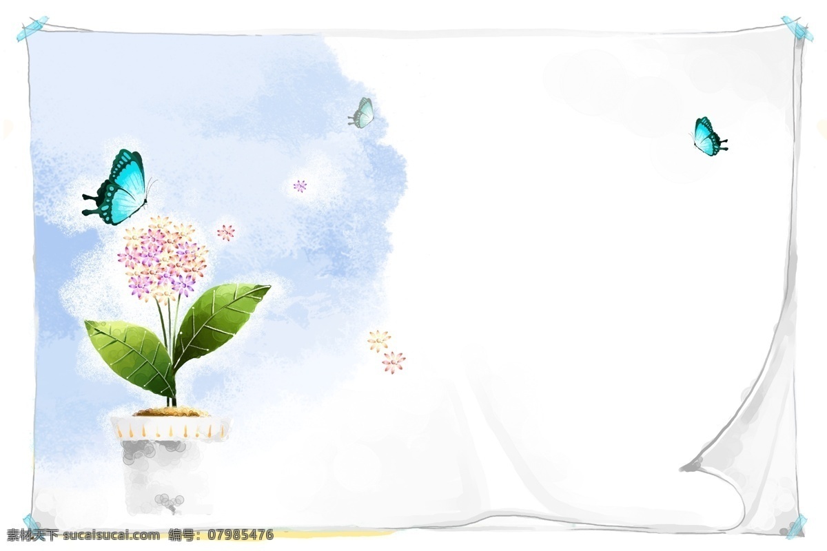 清新 背景图片 创意 广告设计模板 韩国风 蝴蝶 花 其他模版 清新背景 天蓝 照片 相框优雅 柔和 源文件 psd源文件