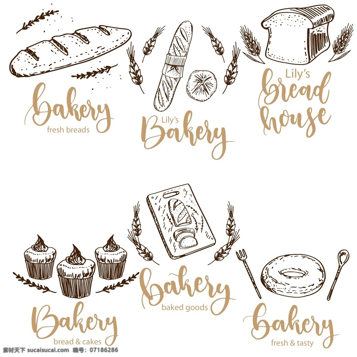 素描 面包店 标志 插画 蛋糕 甜点 矢量素材 手绘 咖啡店 食品标志