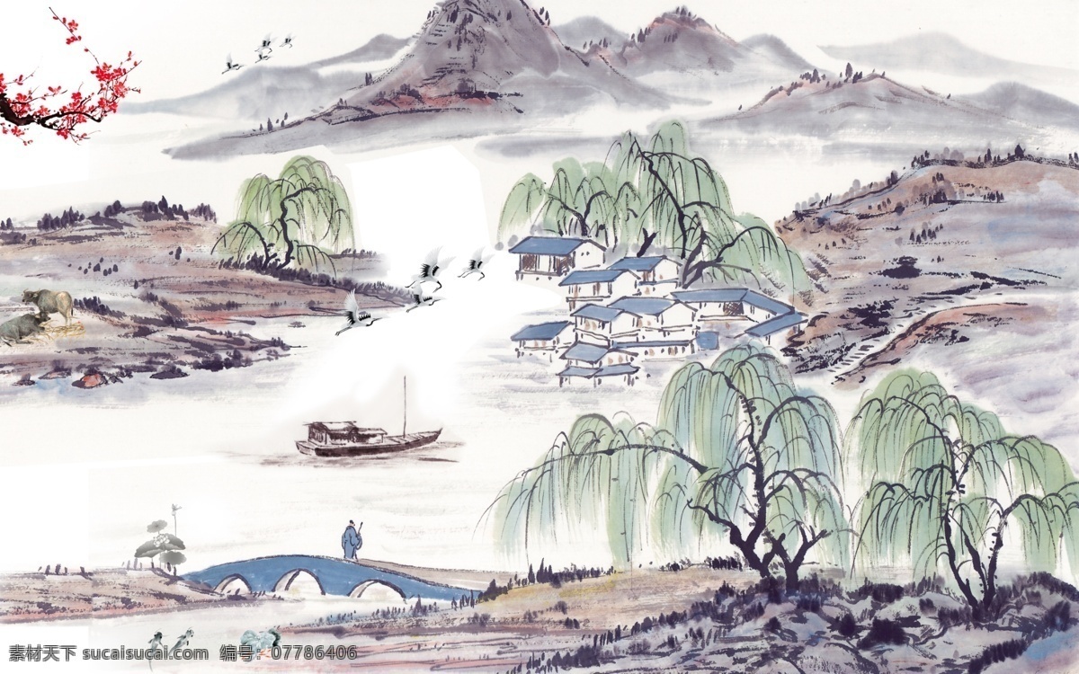 中国 风 山水画 背景 墙 装饰画 壁纸 小清新 船 室内装饰设计 水墨画 电视墙 效果图 卧室 大厅 客厅背景画 壁画 墙画 中国画 清雅 淡雅 高山 流水 河流 梅花 树