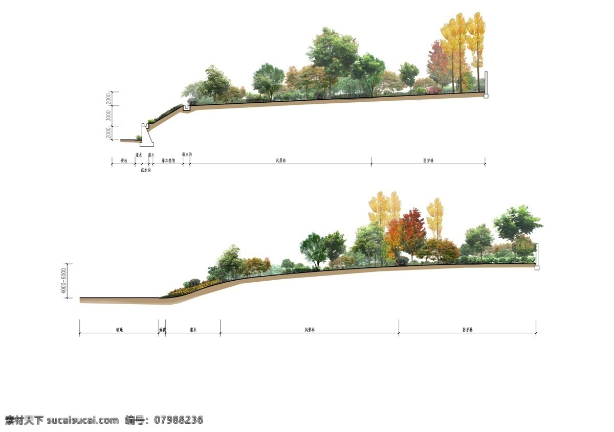护坡挡墙 护坡 断面 绿化素材 树木 树木素材 其他设计 环境设计 源文件