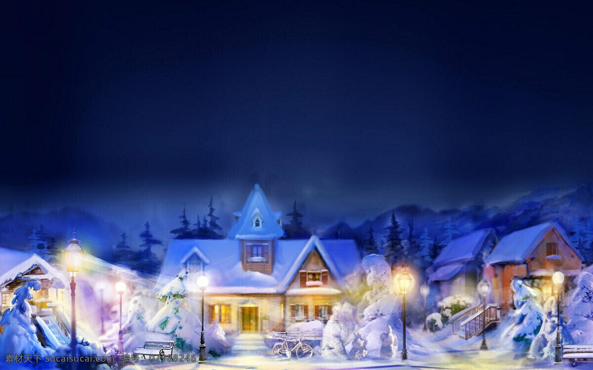 圣诞风景 圣诞 小屋 雪 冬季 灯光 童话世界 风景漫画 动漫动画