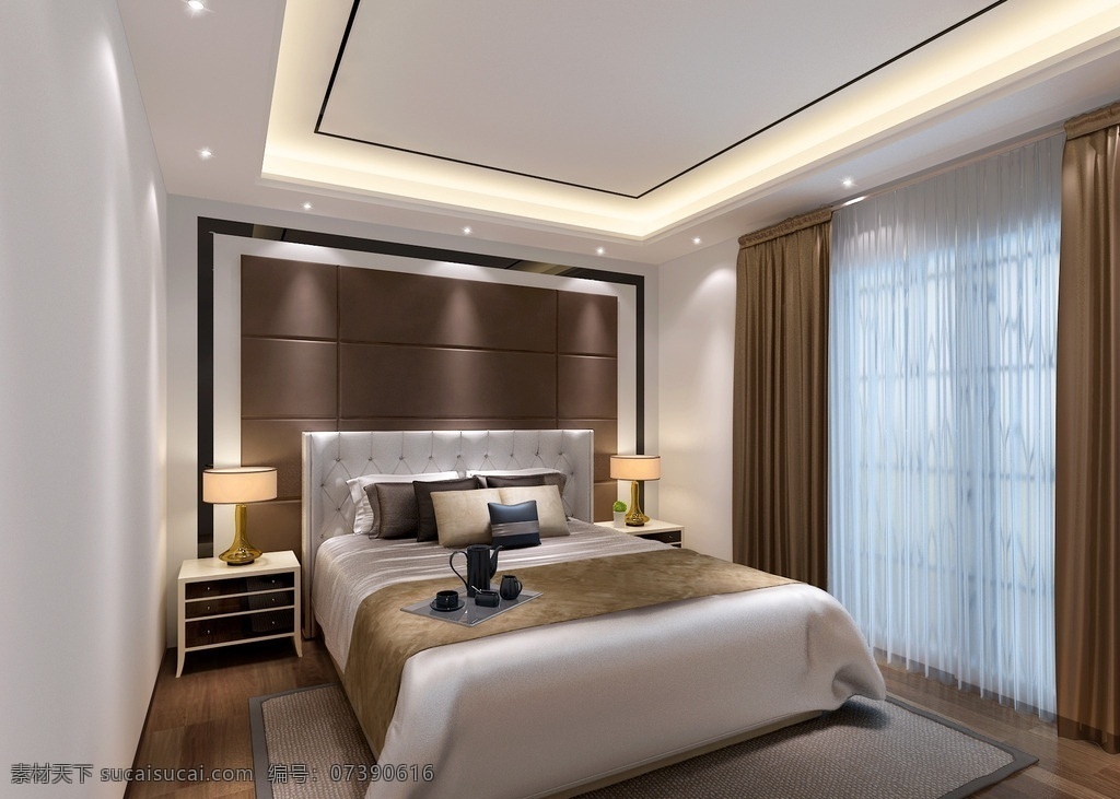 卧室效果图 客房 现代简约 3d模型 vr渲染 床 窗帘 效果图 3d设计 室内模型 max