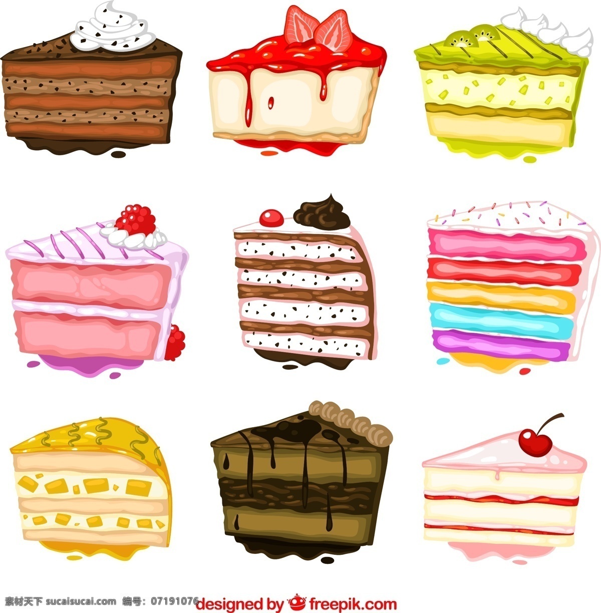 美味 三角 蛋糕 矢量 樱桃 草莓 猕猴桃 奶油 水果 巧克力 甜点 三角蛋糕 彩虹蛋糕 矢量图