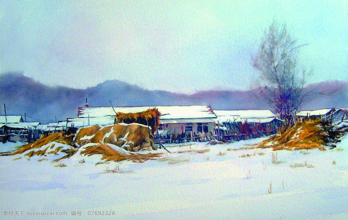乡村冬雪 美术 水彩画 风景 乡村 农家 房屋 雪地 树木 绘画书法 文化艺术 青色 天蓝色