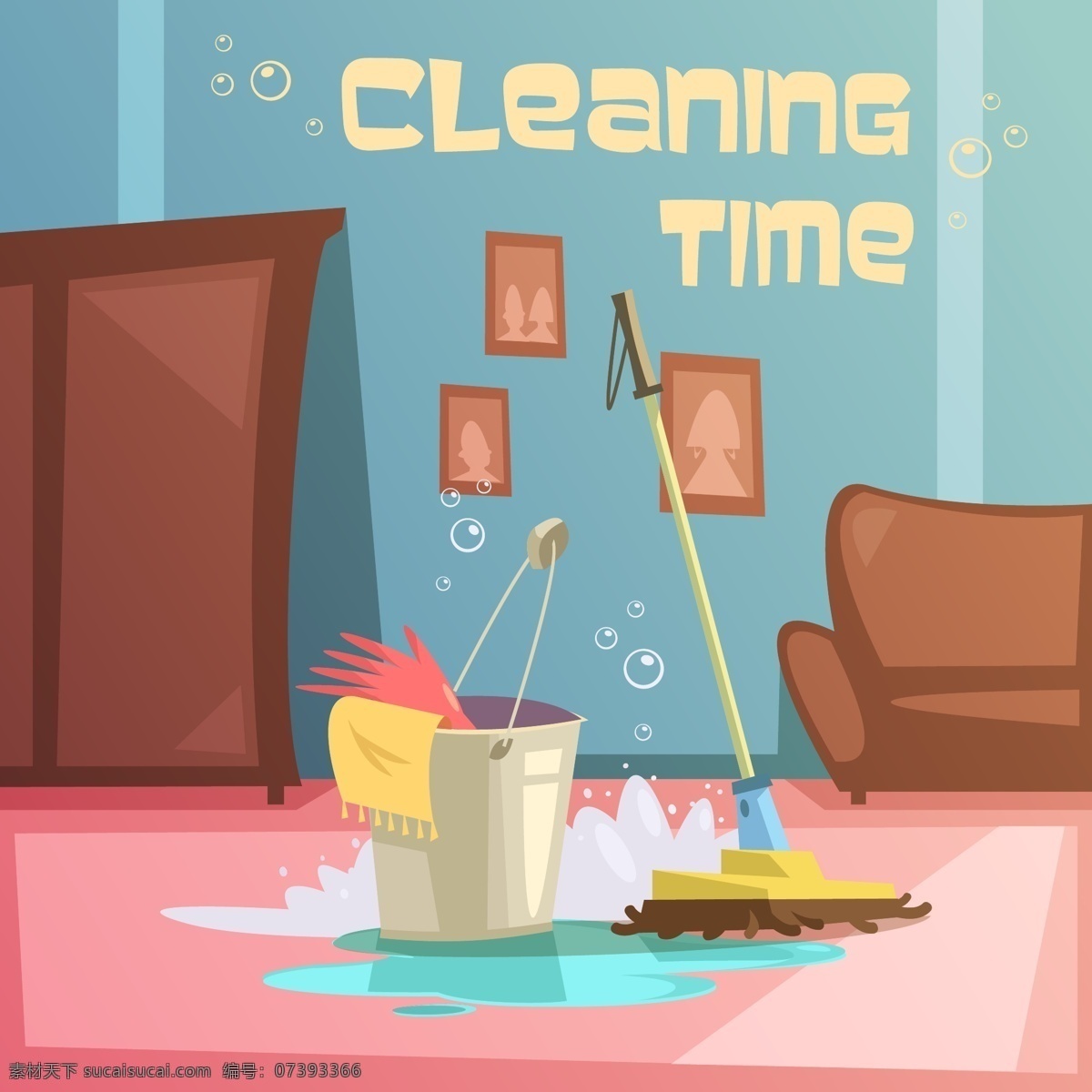 家庭 清扫 卫生 插画 气泡 衣柜 照片 沙发 拖布 水桶 矢量 高清图片