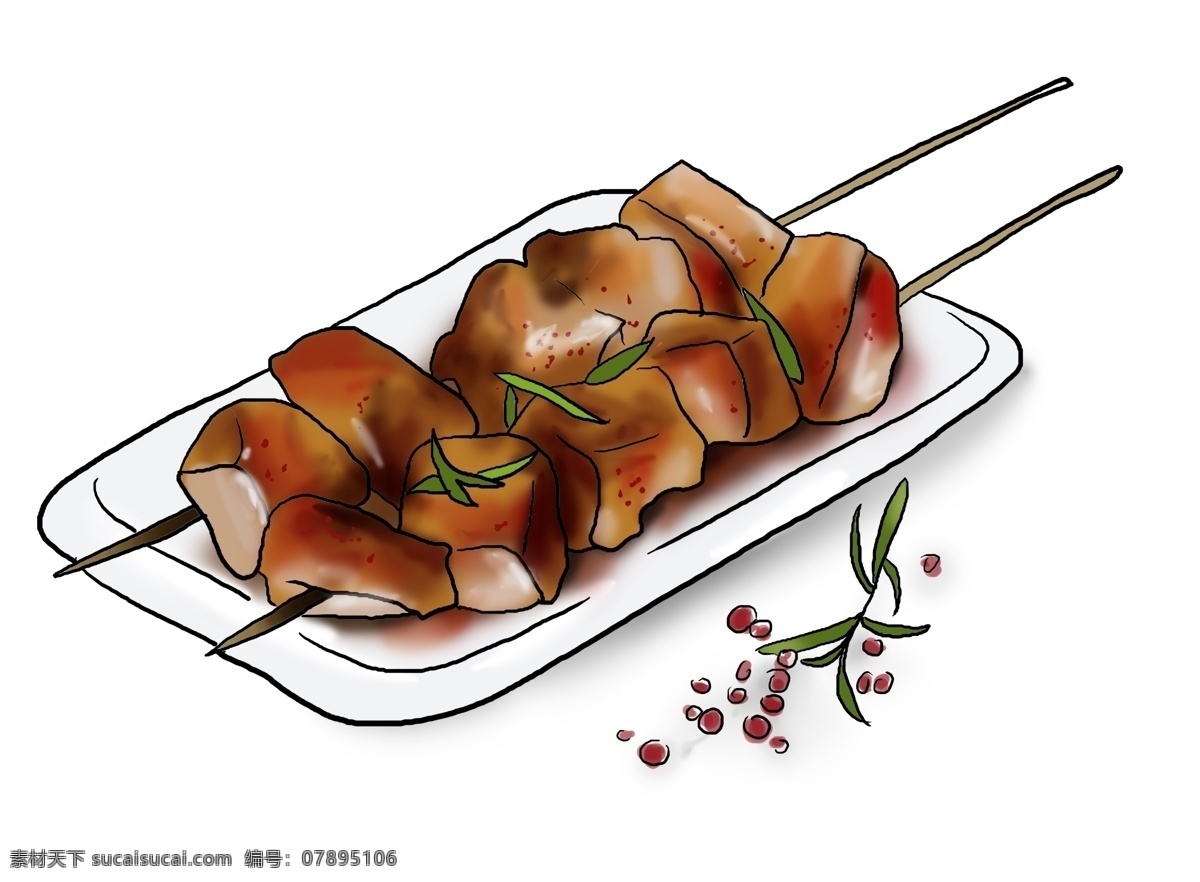 手绘 小吃 烧烤 鱼 豆腐 食物 插图 叶子 夜宵 夜市 美食 豆制品 鱼豆腐 美味 餐饮 烤吧
