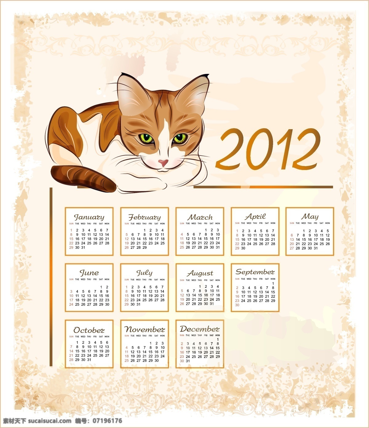 2012 动物 日历 模板 新年 挂历 挂历模板 年历模板 台历 月历 新年素材 龙年 底纹 猫 日历台历 矢量素材 白色