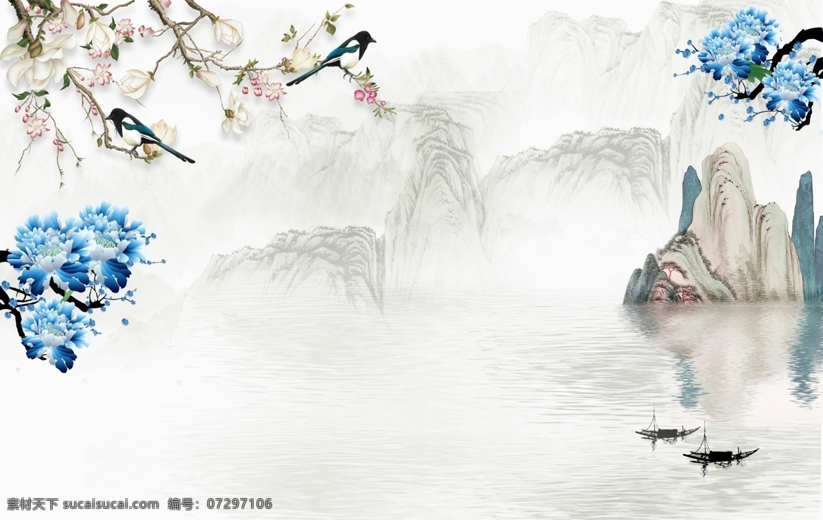 新 中式 山水 水墨画 背景 墙 背景墙 牡丹 水墨 黄鹂 鸟 分层